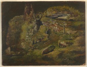 Tegning, kampesten i skoven, ca. 1845 af Frederic Edwin Church