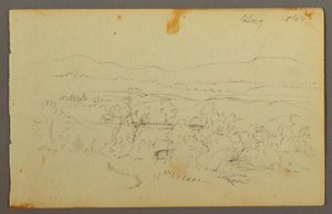 Tegning, Bred dal med gårde, 1844 af Frederic Edwin Church