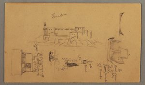 Tegning, slot, minaret, sejlbåde, hus, maj 1868 af Frederic Edwin Church