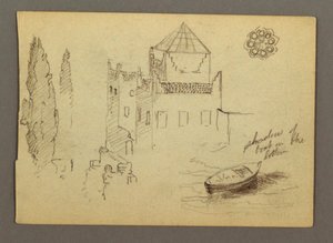Tegning, Slot ved vand, båd, træer, muligvis 1868 af Frederic Edwin Church