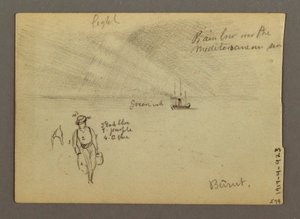 Tegning, Slot ved vand, båd, træer, muligvis 1868 af Frederic Edwin Church