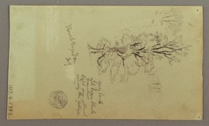 Tegning, skorstene, vandfald, figur m.m., muligvis juli 1868 af Frederic Edwin Church