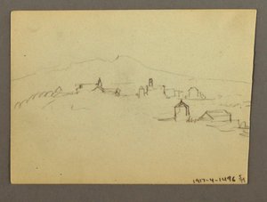 Tegning, Kirketårn og tilstødende bygninger, muligvis 1868-69 af Frederic Edwin Church