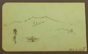 Tegning, kirke; bagside: Bjerglandskab, "Taluca", 1883 af Frederic Edwin Church