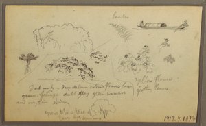 Tegning, kirke, tårne; bagside: Figurer i kano, botaniske skitser, 1857 af Frederic Edwin Church
