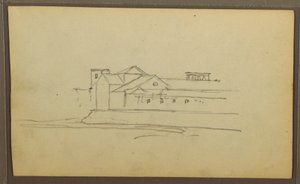 Tegning, kirke, tårne; bagside: Figurer i kano, botaniske skitser, 1857 af Frederic Edwin Church