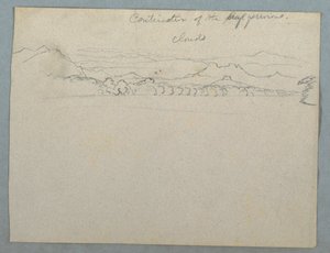 Tegning, Skybeklædt sydamerikansk bjerglandskab set ved en bugt, del 2 , 1853, sandsynligvis maj af Frederic Edwin Church