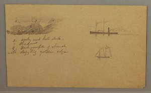 Tegning, skystudie, dampskib, sejlbåd, muligvis 1865-66 af Frederic Edwin Church