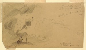 Tegning, overskyet aftenhimmel over en bjergkæde, juli 1866 af Frederic Edwin Church