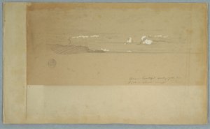 Tegning, Skyet himmel over bakket og skovklædt slot, muligvis 1857 af Frederic Edwin Church
