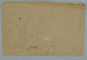 Tegning, Skyet himmel over bakket landskab; bagside: Fuldmåne spejlet i en bæk, 1845-50 af Frederic Edwin Church