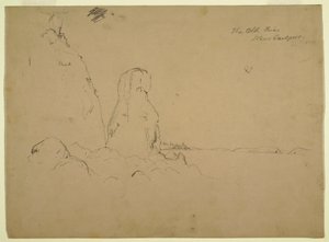 Tegning, kyst med "The Old Friar Neaer Eastport", ca. 1851 af Frederic Edwin Church