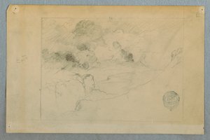 Tegning, fjernt syn af Sangay-vulkanen i udbrud, Ecuador, 1857-62 af Frederic Edwin Church