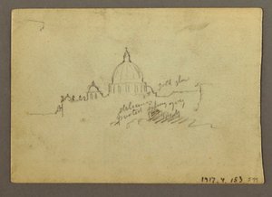 Tegning, fjernt syn af Peterskirkens kuppel, Rom, Italien, januar 1869 af Frederic Edwin Church