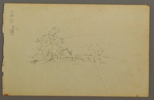Tegning, fjerne landbrugsbygninger, 1844 af Frederic Edwin Church