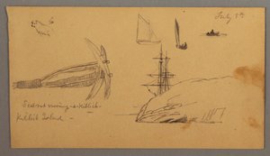 Tegning, Hund, sejlbådsstudier, anker, klipper, muligvis 8. juli 1859 af Frederic Edwin Church