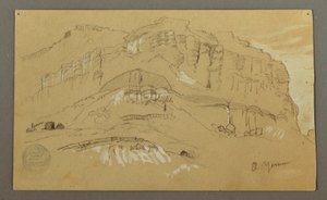 Tegning, El Yemen-dalen, Arabien:  Klippevæg, 20. februar 1868 af Frederic Edwin Church