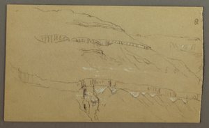 Tegning, El Yemen-dalen, Arabien: Klippevæg med den øverste del, der ligner en række søjler, 20. februar 1868 af Frederic Edwin Church