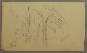 Tegning, El Yemen-dalen, Arabien: Udsigt over en snoet dal med en karavane, 20. februar 1868 af Frederic Edwin Church