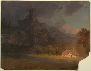 Tegning, engelsk slot og hytte, ca. 1844 af Frederic Edwin Church