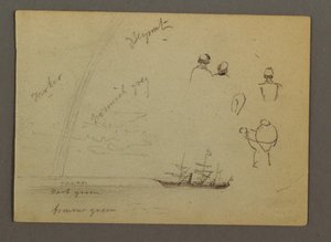 Tegning, figurstudier, sejlskib, regnbue, muligvis 1868 af Frederic Edwin Church