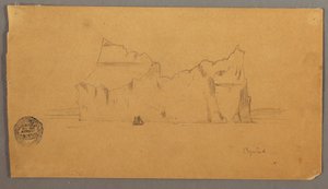 Tegning, flydende isbjerg med sejlbåd, muligvis 1859 af Frederic Edwin Church