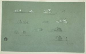 Tegning, flydende isbjerge, 1. juli 1859 af Frederic Edwin Church