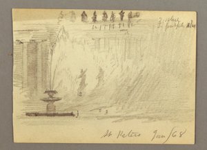 Tegning, springvand på pladsen ved Peterskirken, Rom, Italien, januar 1868 af Frederic Edwin Church
