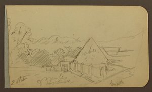 Tegning, have, hus, Cuautla; bagside: kirke, lade, Cuautla, februar 1885 af Frederic Edwin Church