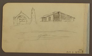 Tegning, have, hus, Cuautla; bagside: kirke, lade, Cuautla, februar 1885 af Frederic Edwin Church