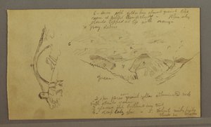 Tegning, Gletsjer, bro og hus, september 1868 af Frederic Edwin Church