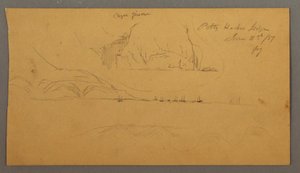 Tegning, havn, sejlbåde, bjerge, 21. juni 1859 af Frederic Edwin Church
