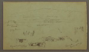 Tegning, bjergkæde over slette, ruiner, 28. april 1868 af Frederic Edwin Church