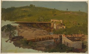 Tegning, bakke med viadukter og ødelagte møller, nær Catskill, New York, ca. 1865 af Frederic Edwin Church