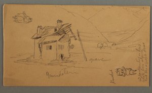 Tegning, Hlaf-Ruined House in Valley, to figurer, 1868 af Frederic Edwin Church