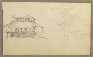 Tegning, hus, botanisk skitse, Ecuador eller Colombia, 1857 af Frederic Edwin Church