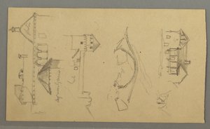 Tegning, hus, bro, slot, hustage, august 1868 af Frederic Edwin Church