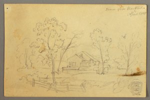 Tegning, Hus i skoven ved et vandløb, april 1845 af Frederic Edwin Church