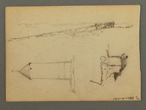 Tegning, Hus over klippe, tårne, muligvis 1868 af Frederic Edwin Church