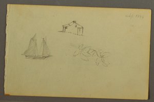 Tegning, Hus, sejlbåd, plante, september 1844 af Frederic Edwin Church