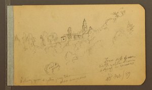 Tegning, huse, tårn, 23. februar 1889 af Frederic Edwin Church
