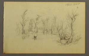Tegning, Htakie () Pond, to personer i kano, 1845 af Frederic Edwin Church