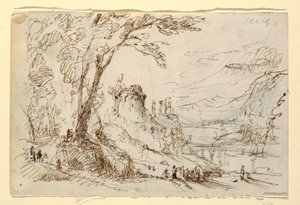 Tegning, Imaginært landskab med klassiske ruiner, ca. 1845 af Frederic Edwin Church