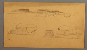 Tegning, Ø ud for Henly Harbor og to flydende isbjerge, 16. juli 1859 af Frederic Edwin Church