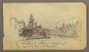 Tegning, sø omgivet af træer, muligvis 1878 af Frederic Edwin Church