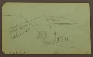 Tegning, landskab, Toluca; bagside: Bjerg, kirke, 1883 af Frederic Edwin Church