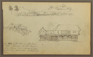 Tegning, Landskab, trætoppe, hus, 1857 af Frederic Edwin Church