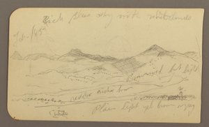 Tegning, Landskab, huse; Bagside: Trætop, februar 1885 af Frederic Edwin Church