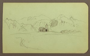 Tegning, Landskab med kirke; bagside: Landskab, 1883 af Frederic Edwin Church