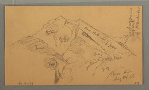 Tegning, middelalderborg, huskaskade, 24. august 1868 af Frederic Edwin Church